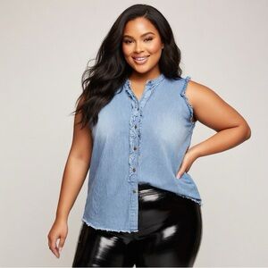 Lane Bryant Blue & White Striped Sleeveless Ruffle Button-Up Top - Size 20